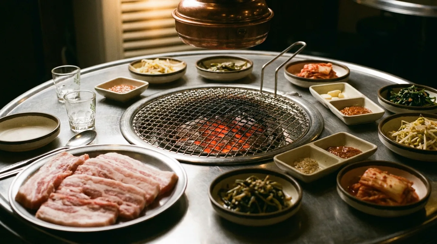 저녁 불판에 숯이 올라온 고깃집 상. 고기 접시와 밑반찬, 빈 잔 둘