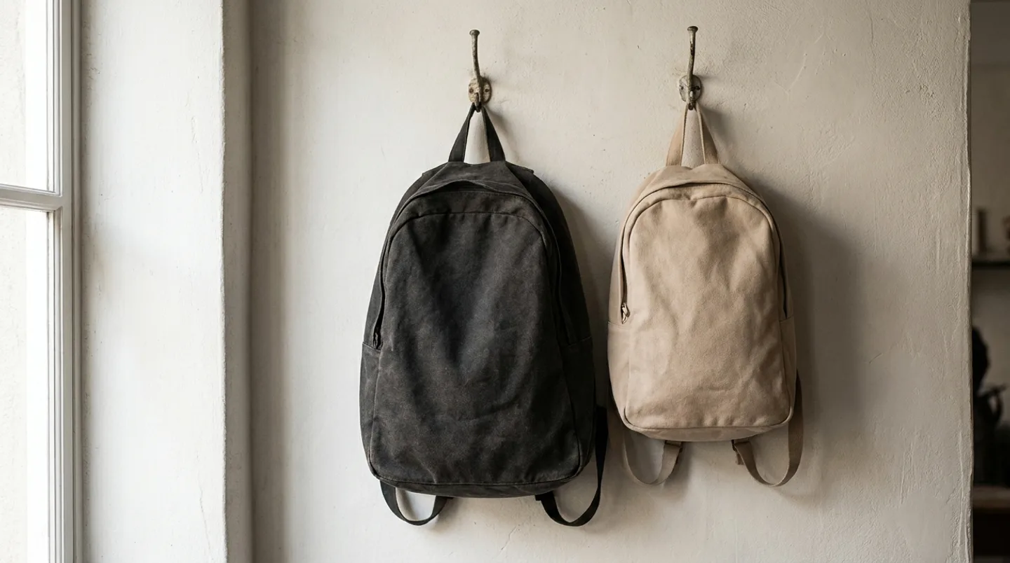벽 고리에 나란히 걸린 짙은 색 큰 백팩과 밝은 색 작은 백팩
