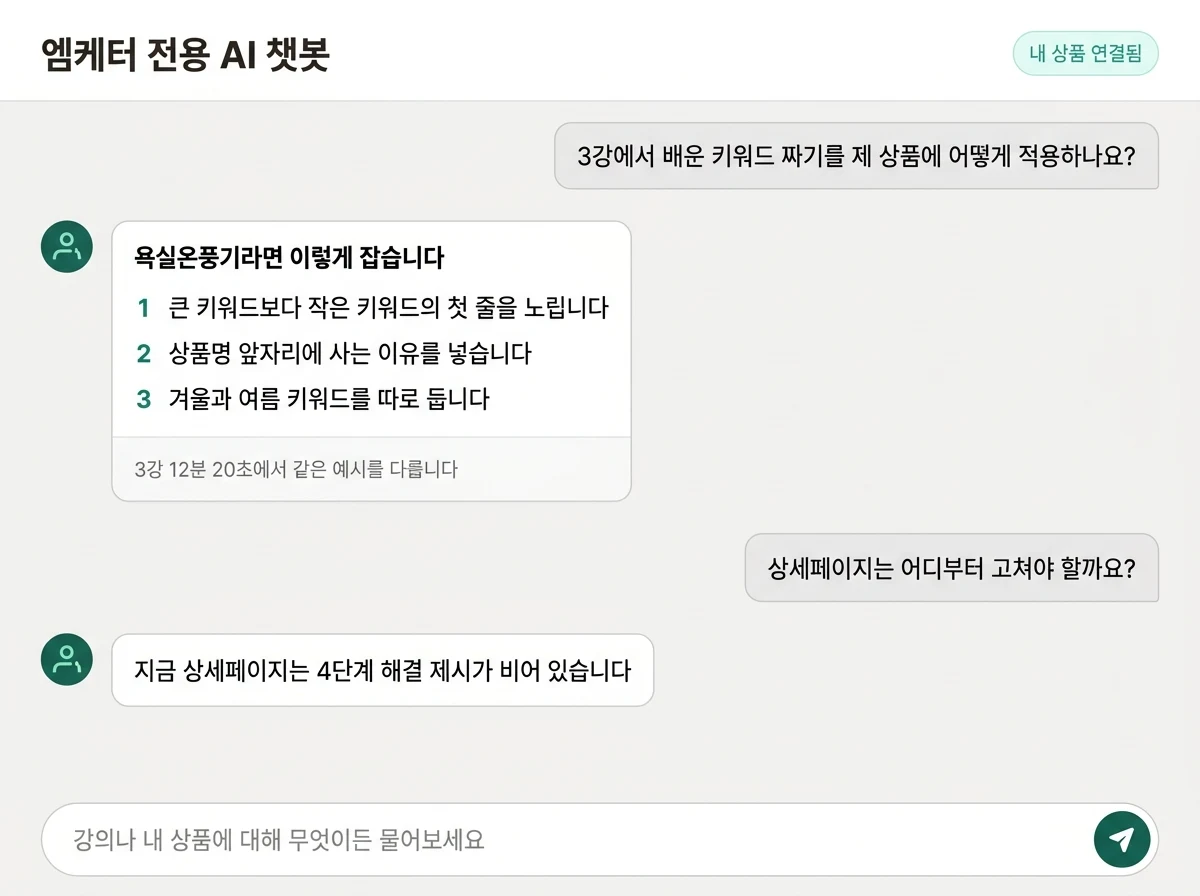 AI 챗봇 화면. 강의 내용을 내 상품에 어떻게 얹을지 묻고 답이 세 줄로 돌아와 있다