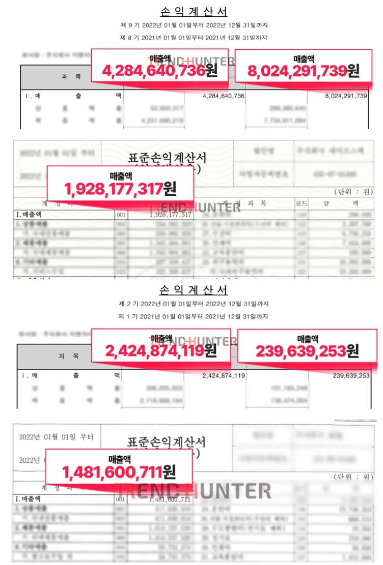 여러 해의 표준손익계산서. 매출액 자리가 붉게 표시되어 있다