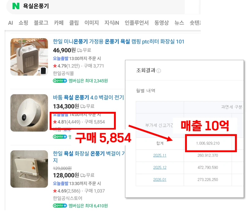 네이버 검색 결과의 상품 화면과 부가세 신고 조회 결과를 나란히 놓은 갈무리